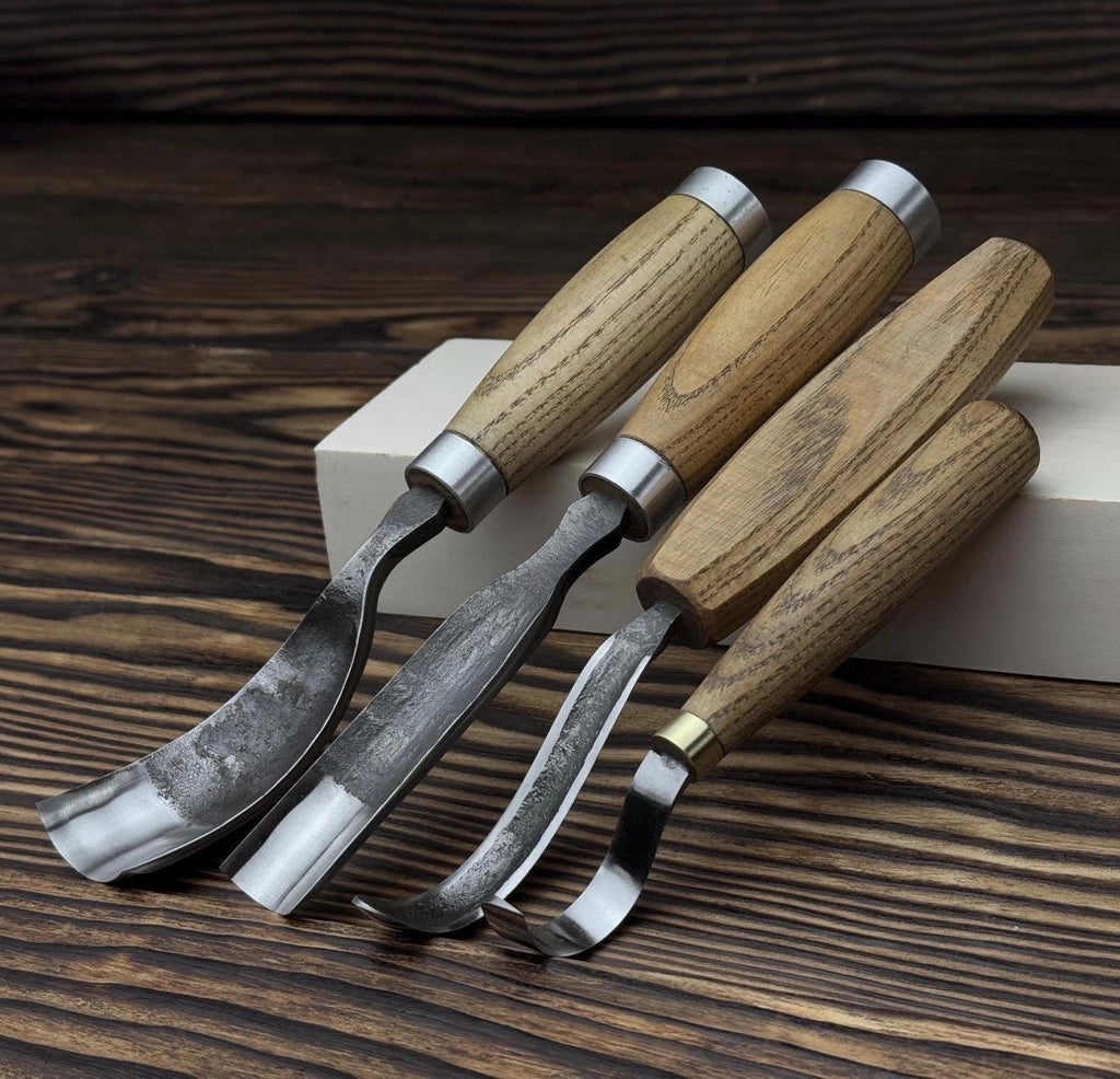 Hand-Forged Spoon Carving Set 4 Piece Carbon Steel Tools with Ash Handles & Leather Roll