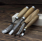 Hand-Forged Spoon Carving Set 4 Piece Carbon Steel Tools with Ash Handles & Leather Roll