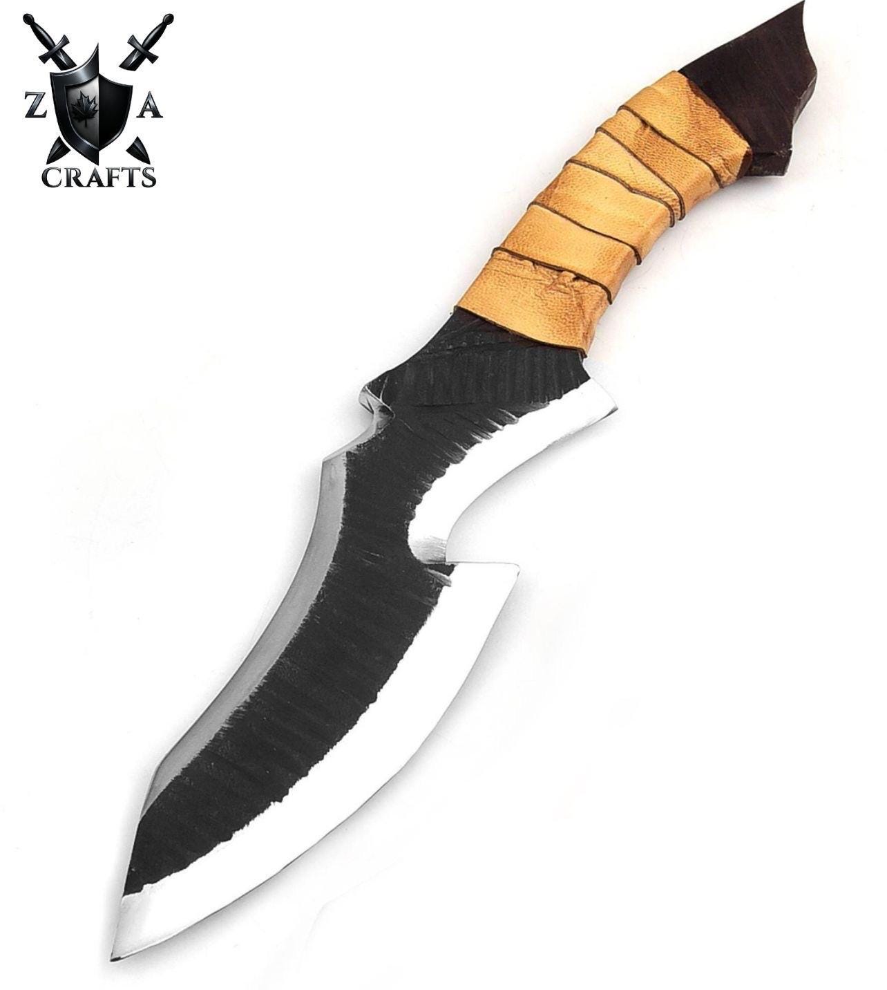 Hand-Forged Carbon Steel Bowie Knife: Brown Zigzag Handle, Leather Sheath