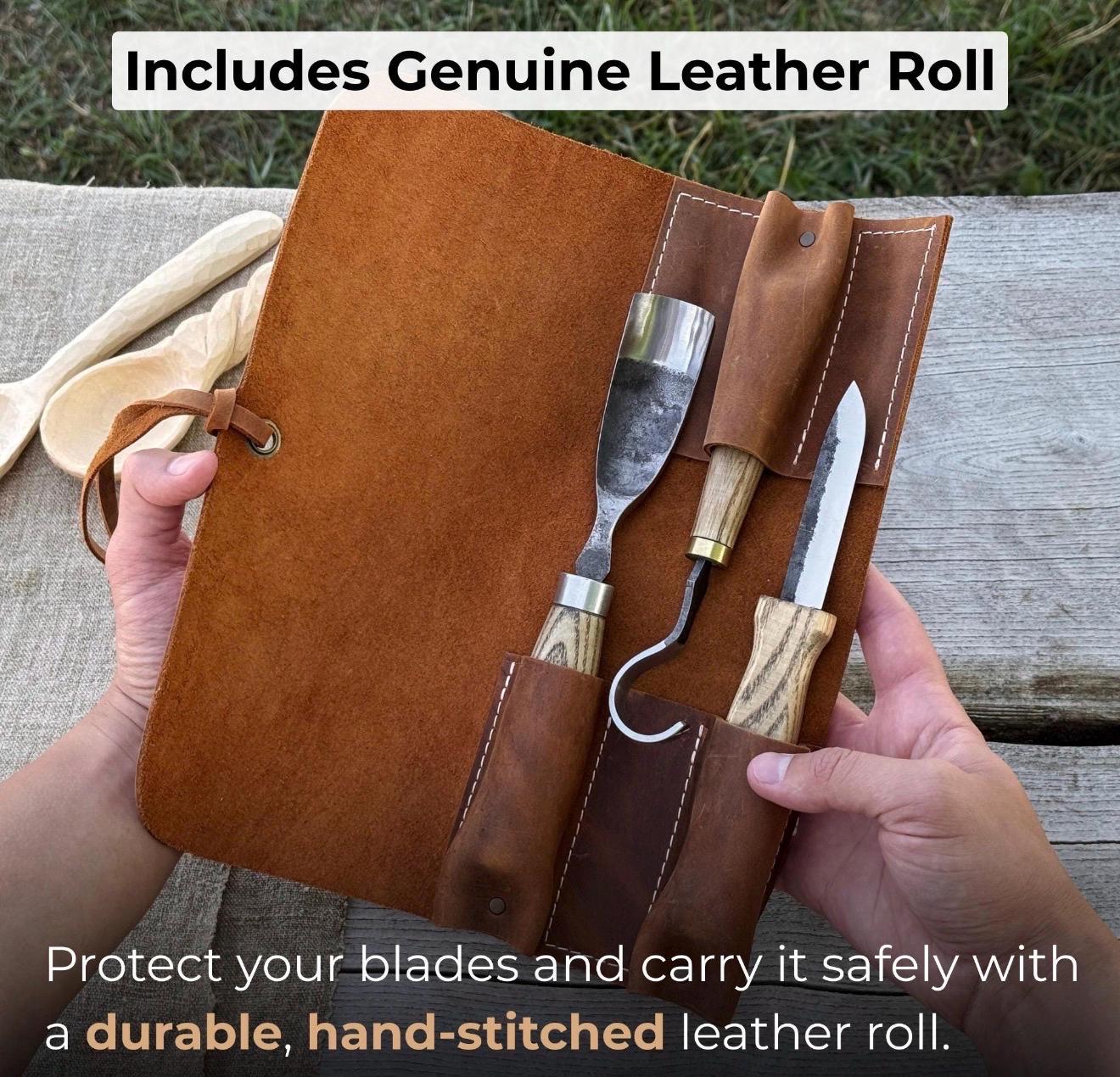 Hand-Forged Spoon Carving Knife Set: Carbon Steel, Ash Handles, Leather Sheath