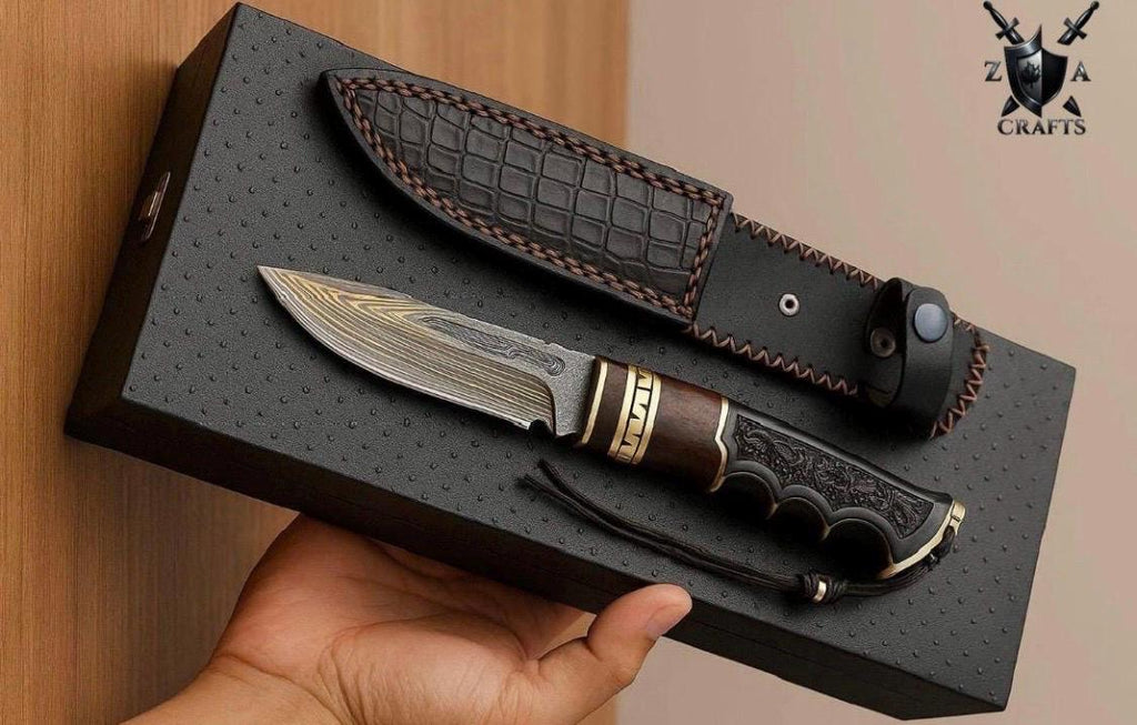 Personalized Damascus Hunting Knife: Engraved Handle, Leather Sheath
