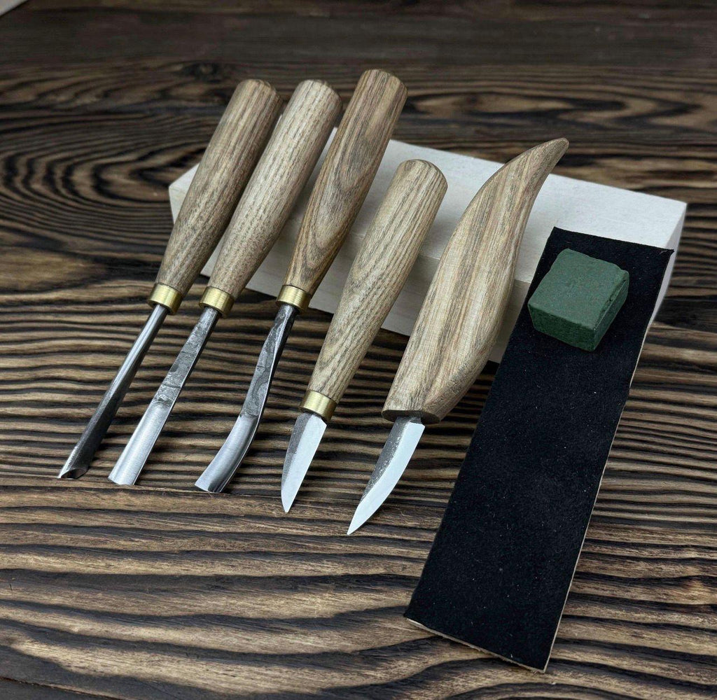 Wood Carving Tools Set with Leather Roll – 5 pcs Handmade Knives & Chisels