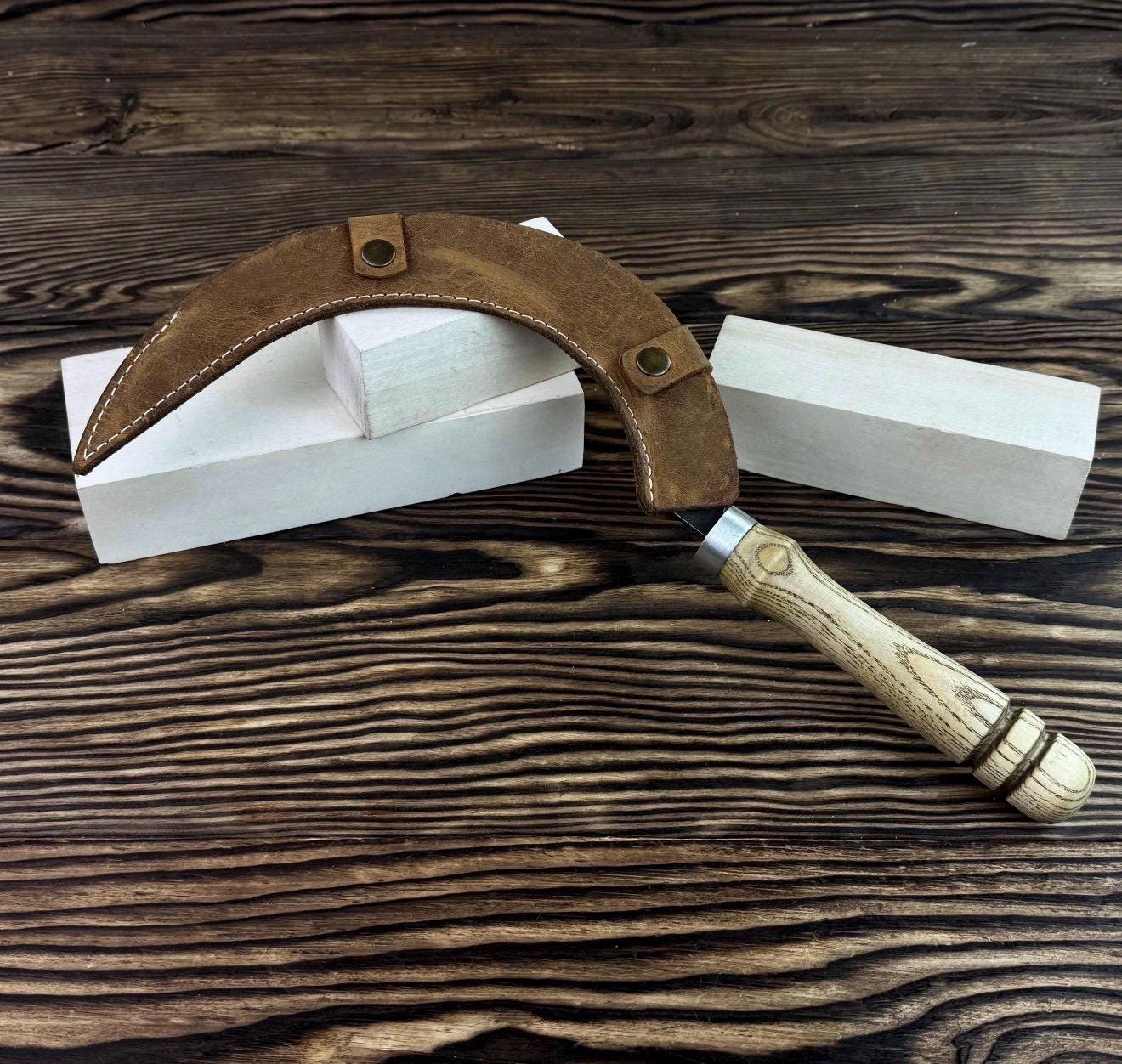 Hand-Forged Carbon Steel Sickle | Rustic Harvesting Knife with Leather Sheath