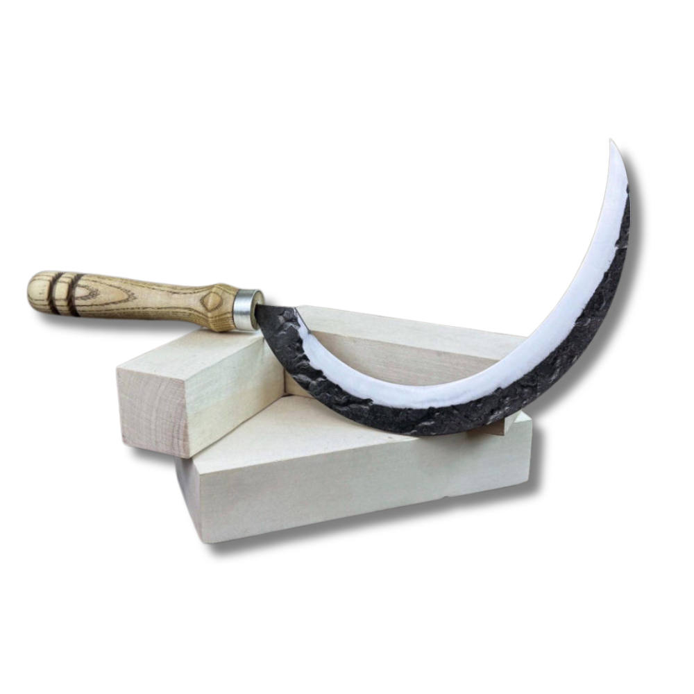 Hand-Forged Carbon Steel Sickle | Rustic Harvesting Knife with Leather Sheath