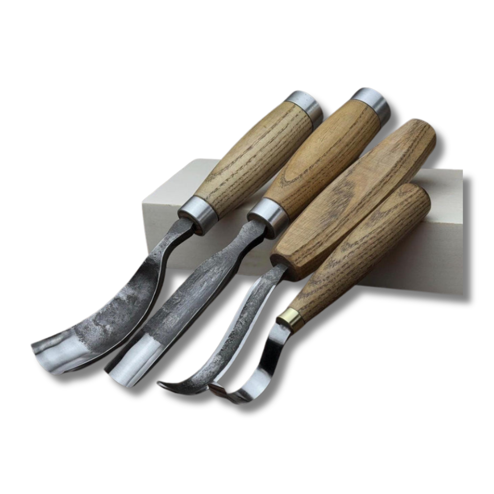 Hand-Forged Spoon Carving Set 4 Piece Carbon Steel Tools with Ash Handles & Leather Roll