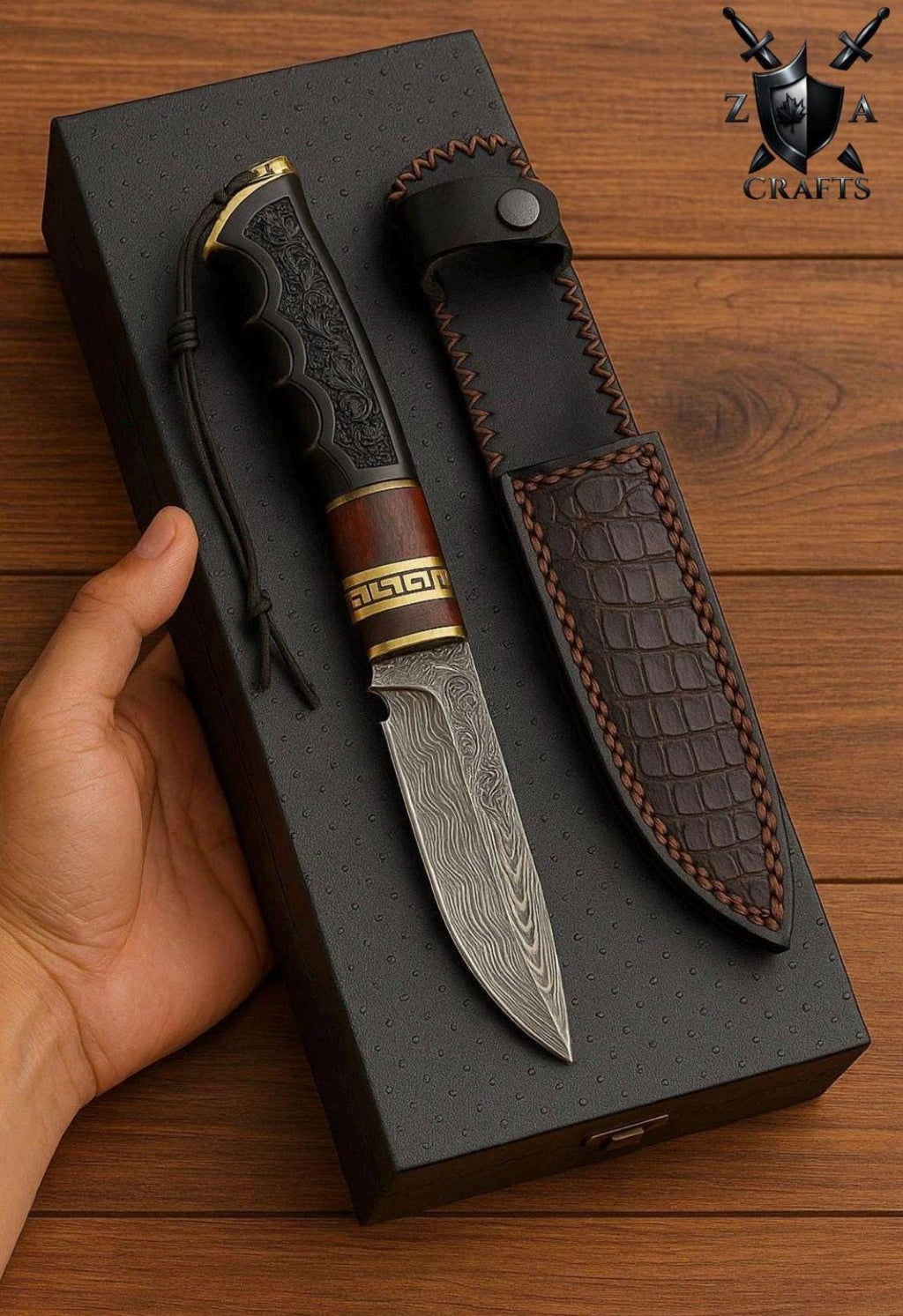 Personalized Damascus Hunting Knife: Engraved Handle, Leather Sheath
