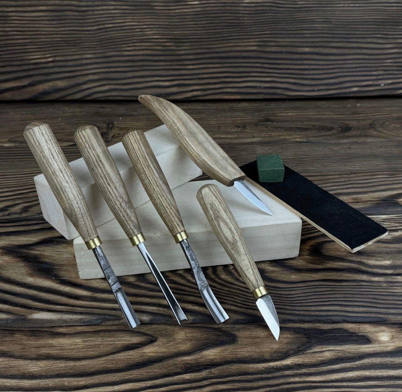 Wood Carving Tools Set with Leather Roll – 5 pcs Handmade Knives & Chisels