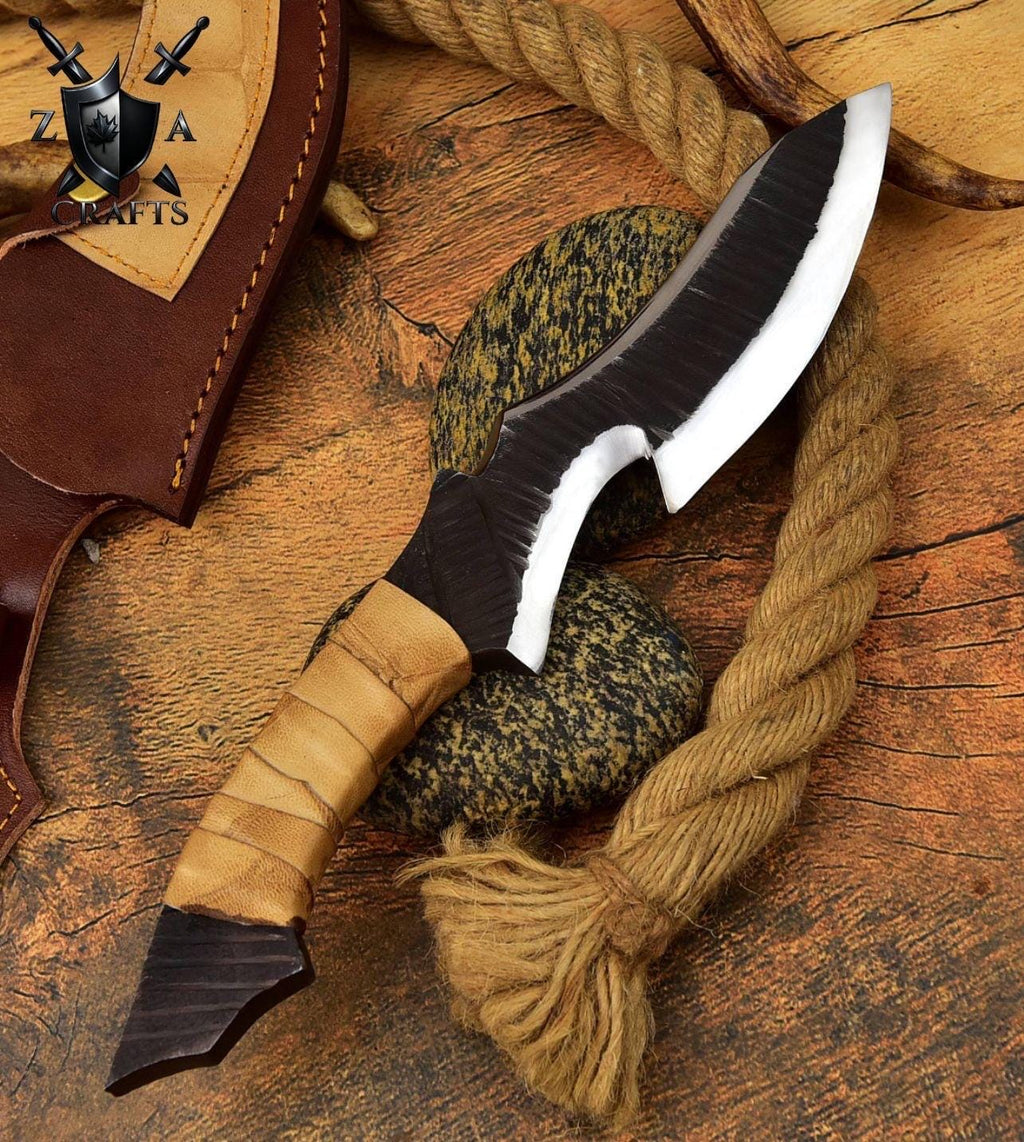 Hand-Forged Carbon Steel Bowie Knife: Brown Zigzag Handle, Leather Sheath
