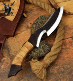Hand-Forged Carbon Steel Bowie Knife: Brown Zigzag Handle, Leather Sheath