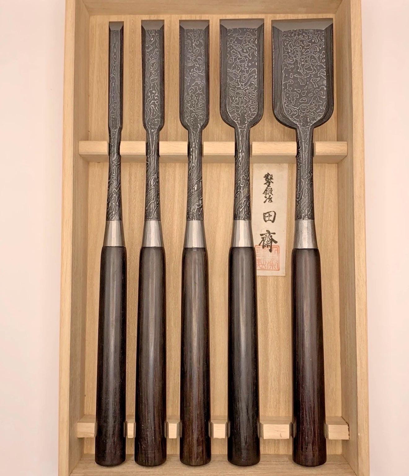 Tasai Mokume Damascus Paring Chisel Set 2” To 1/2” - Japanese Chisels - Unused