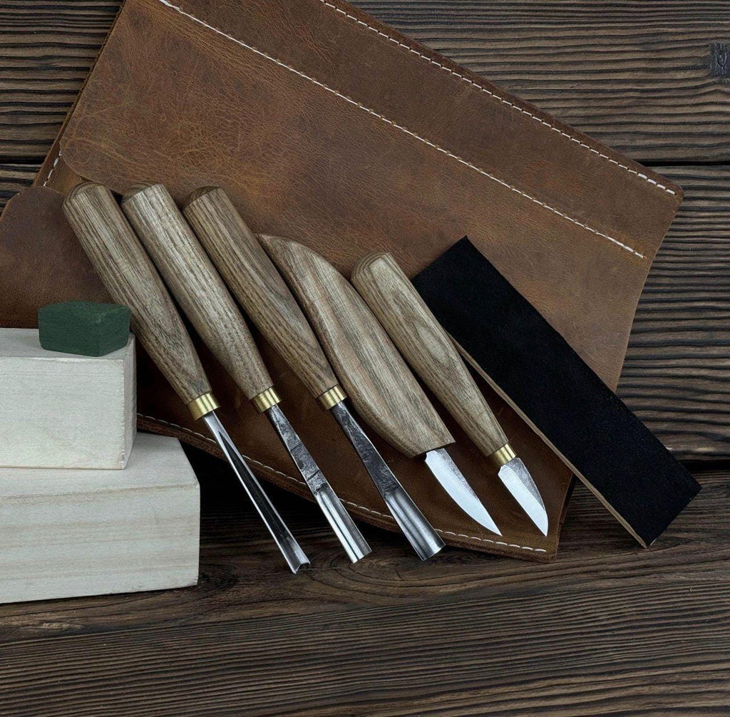 Wood Carving Tools Set with Leather Roll – 5 pcs Handmade Knives & Chisels