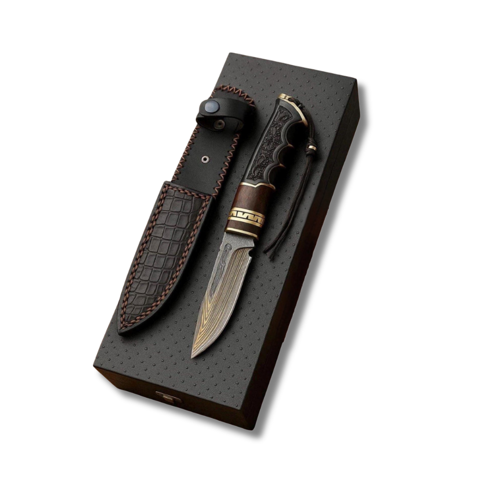 Personalized Damascus Hunting Knife: Engraved Handle, Leather Sheath