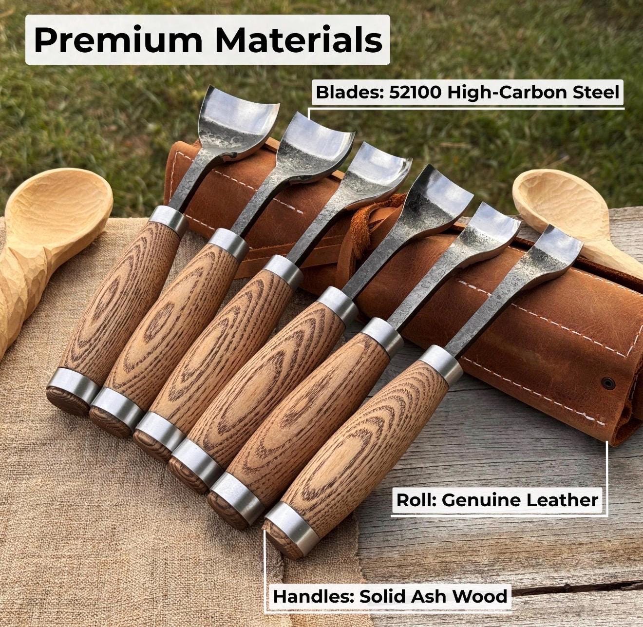 Professional Woodworking Tool Hand-Forged Spoon Carving Gouge Set – 52100 Steel, Ash Handles
