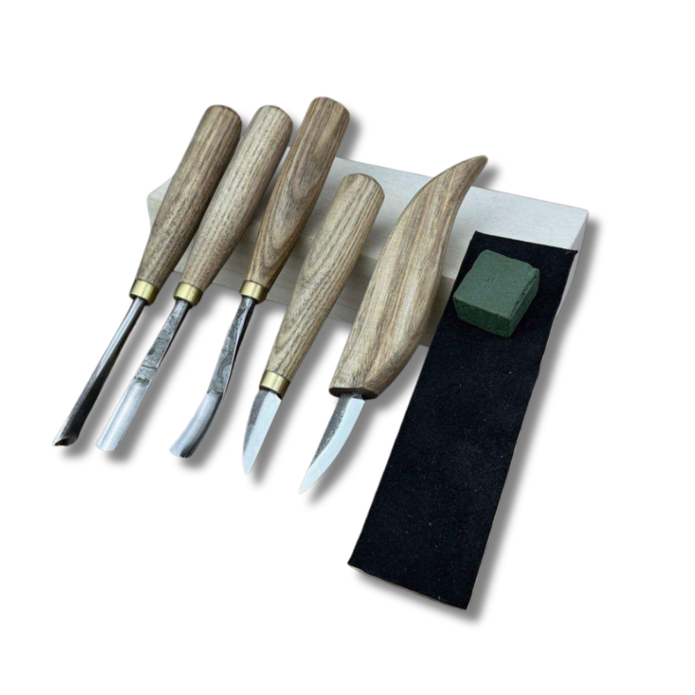 Wood Carving Tools Set with Leather Roll – 5 pcs Handmade Knives & Chisels