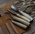 Hand-Forged Spoon Carving Set 4 Piece Carbon Steel Tools with Ash Handles & Leather Roll
