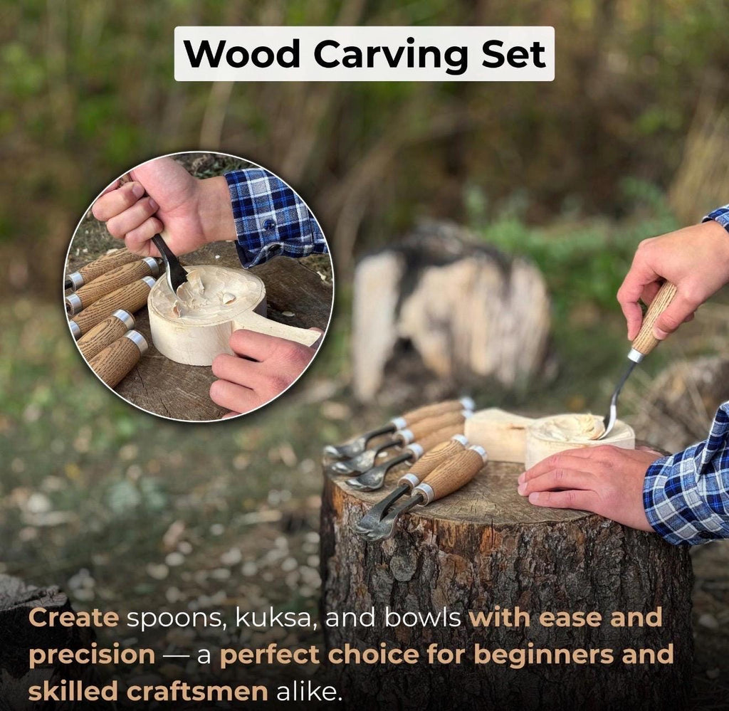 Professional Woodworking Tool Hand-Forged Spoon Carving Gouge Set – 52100 Steel, Ash Handles