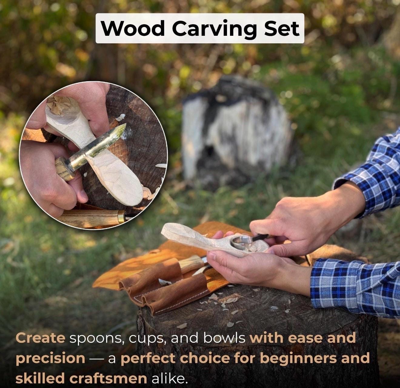 Hand-Forged Spoon Carving Knife Set: Carbon Steel, Ash Handles, Leather Sheath