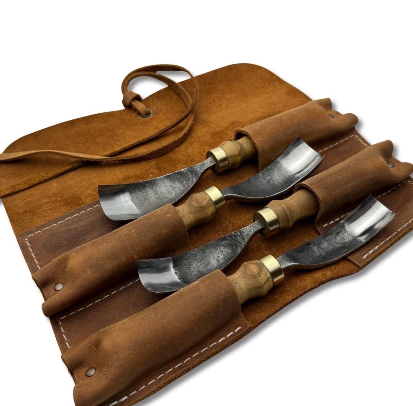 Hand Forged Spoon Carving Gouge Set: Woodworking Chisels with Leather Roll