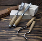 Hand-Forged Spoon Carving Set 4 Piece Carbon Steel Tools with Ash Handles & Leather Roll