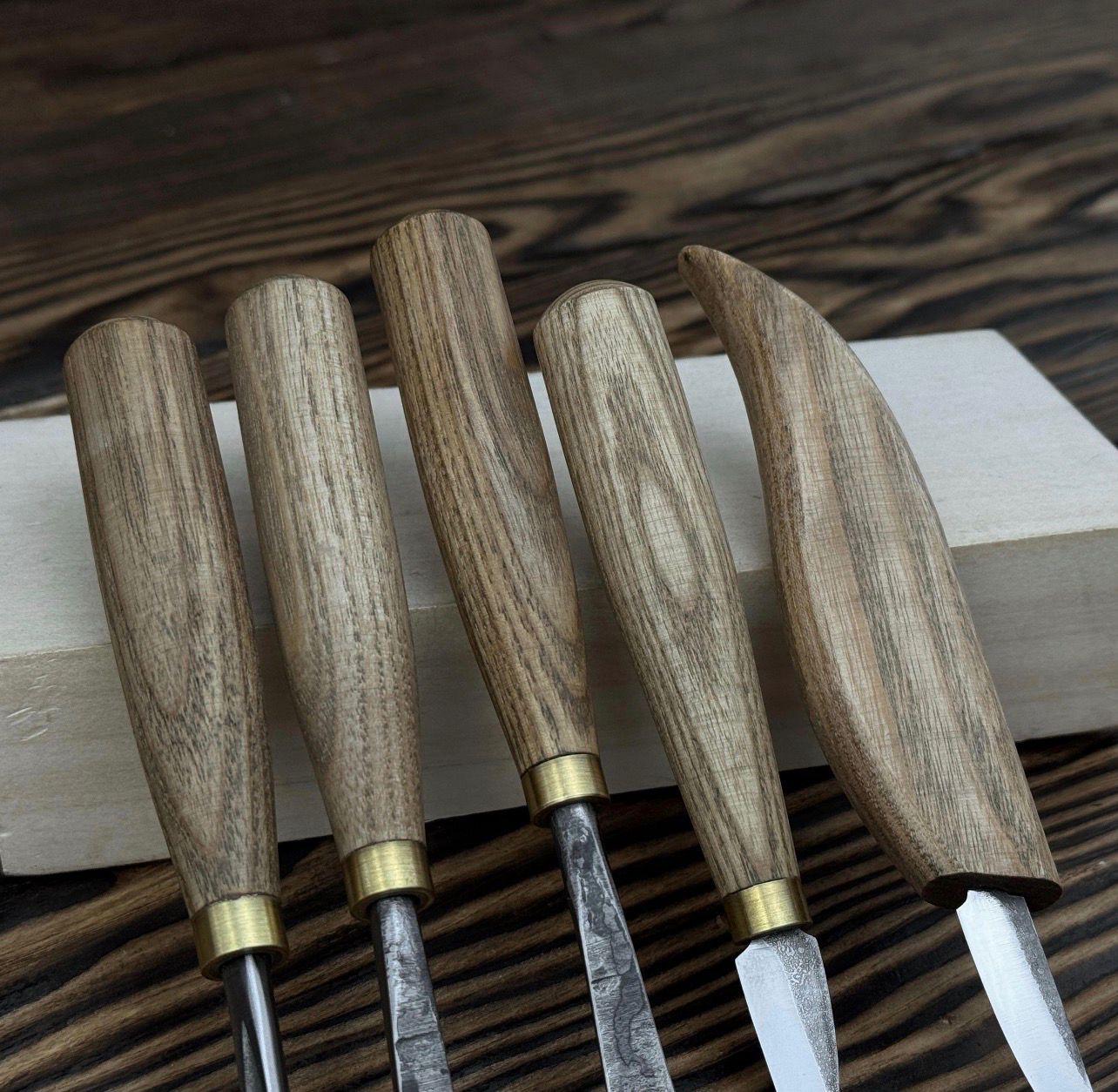Wood Carving Tools Set with Leather Roll – 5 pcs Handmade Knives & Chisels