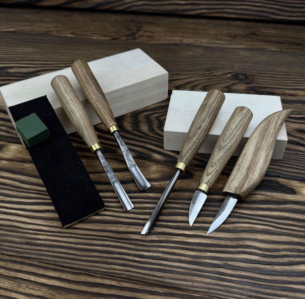 Wood Carving Tools Set with Leather Roll – 5 pcs Handmade Knives & Chisels