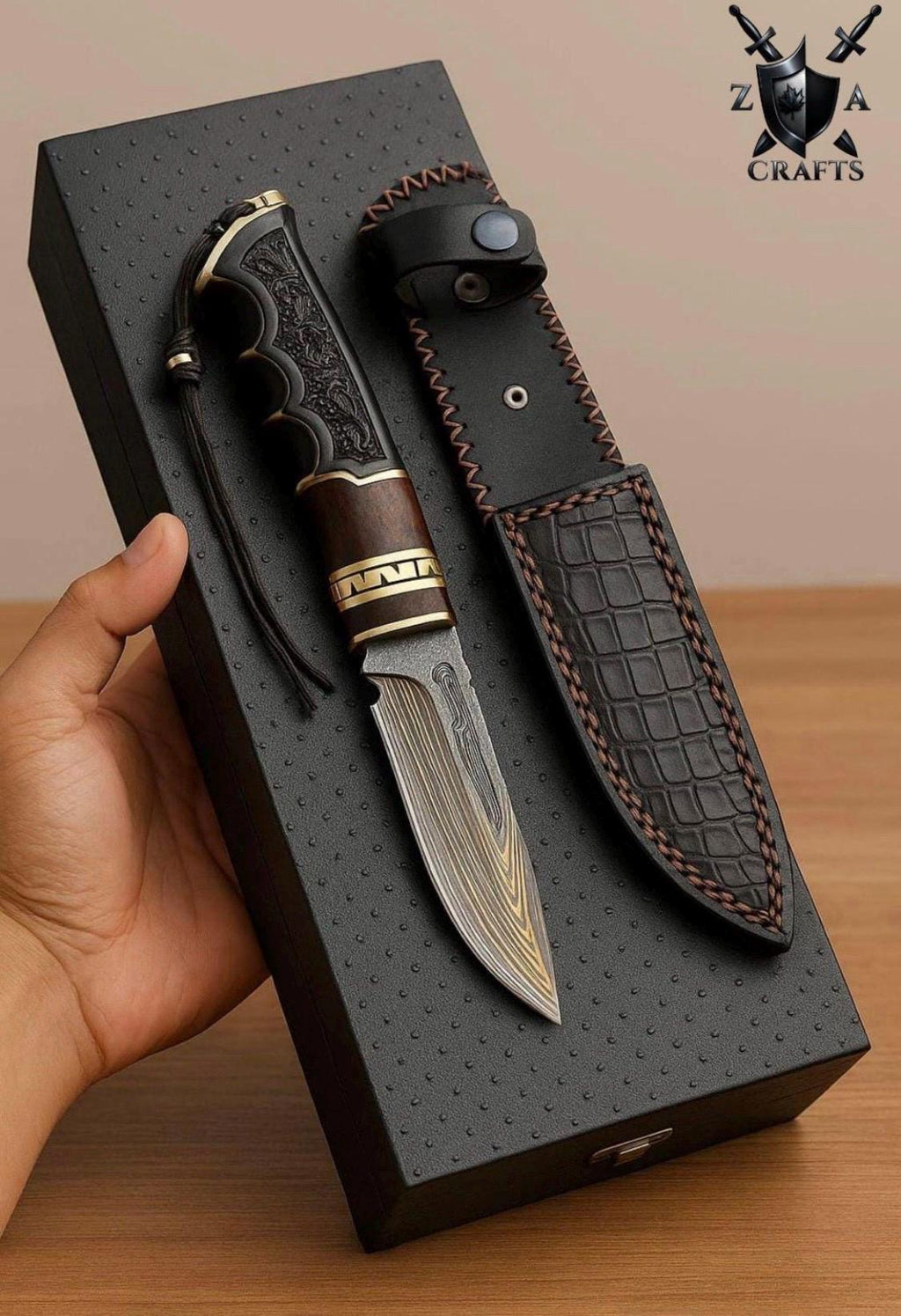 Personalized Damascus Hunting Knife: Engraved Handle, Leather Sheath