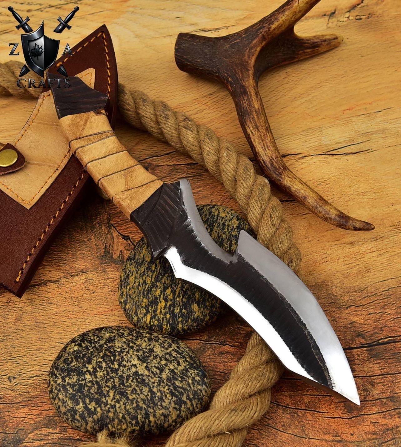 Hand-Forged Carbon Steel Bowie Knife: Brown Zigzag Handle, Leather Sheath