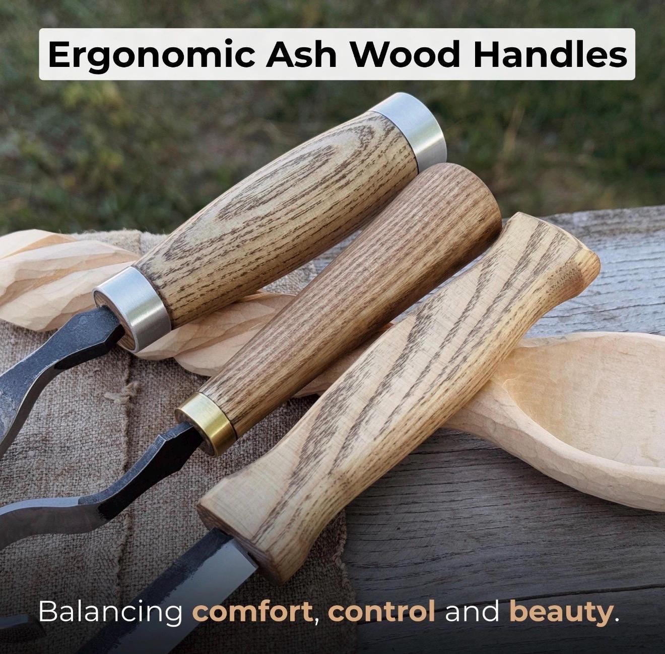 Hand-Forged Spoon Carving Knife Set: Carbon Steel, Ash Handles, Leather Sheath