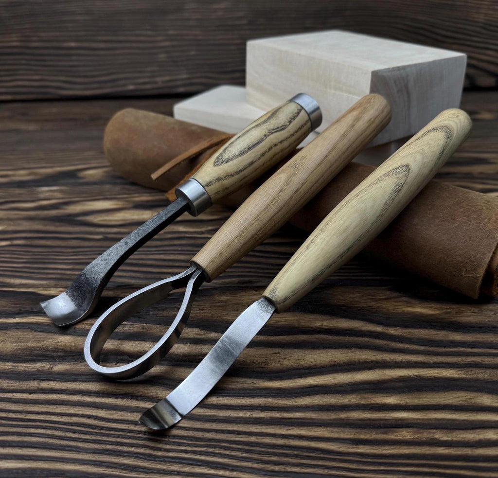 Hand-Forged Spoon Carving Set – 3-Piece Carbon Steel Tools with Ash Handles & Leather Roll
