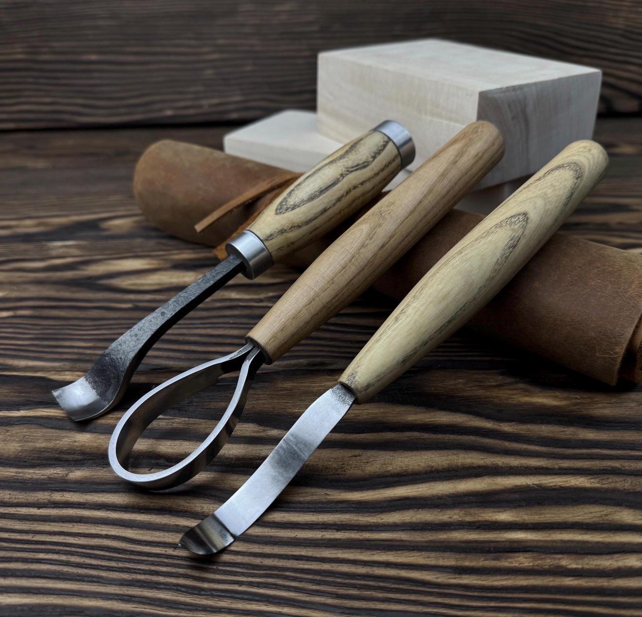 Hand-Forged Spoon Carving Set – 3-Piece Carbon Steel Tools with Ash Handles & Leather Roll