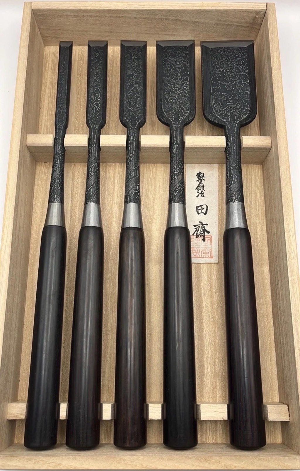 Tasai Mokume Damascus Paring Chisel Set 2” To 1/2” - Japanese Chisels - Unused
