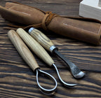 Hand-Forged Spoon Carving Set – 3-Piece Carbon Steel Tools with Ash Handles & Leather Roll