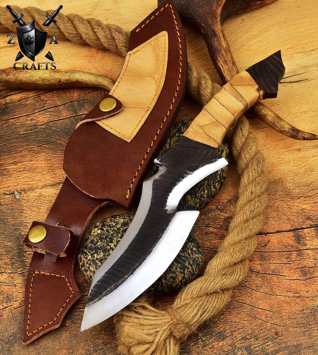 Hand-Forged Carbon Steel Bowie Knife: Brown Zigzag Handle, Leather Sheath