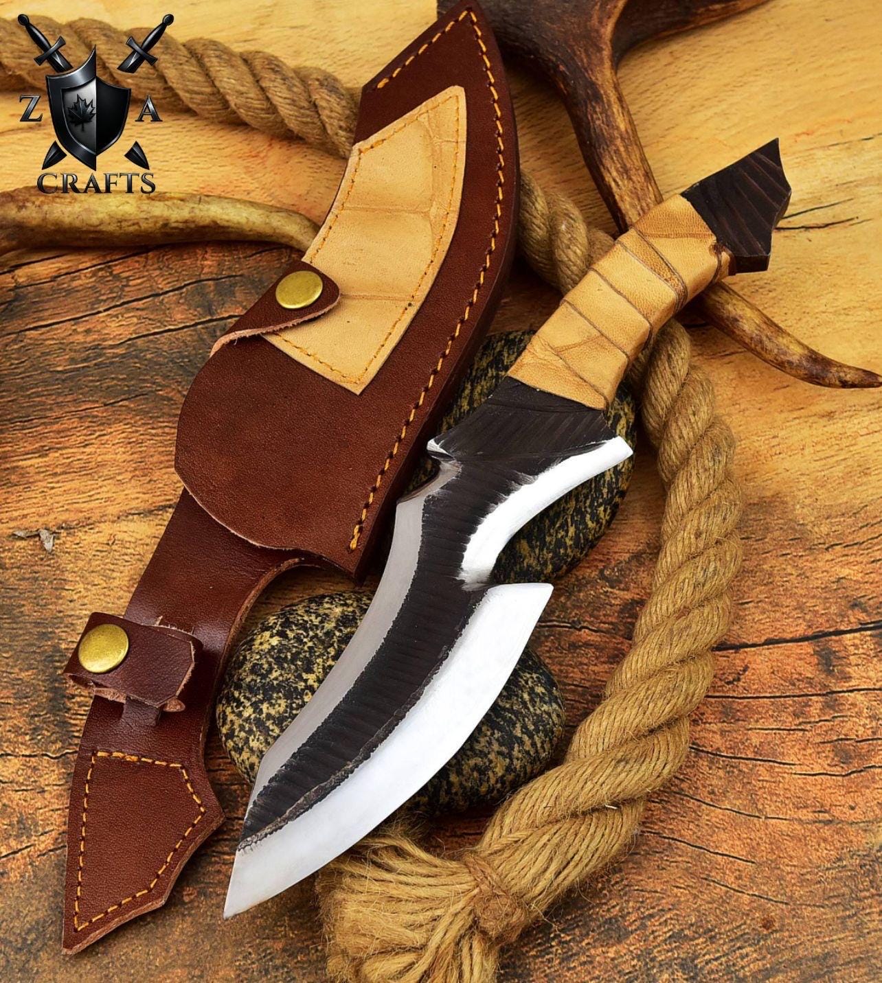 Hand-Forged Carbon Steel Bowie Knife: Brown Zigzag Handle, Leather Sheath