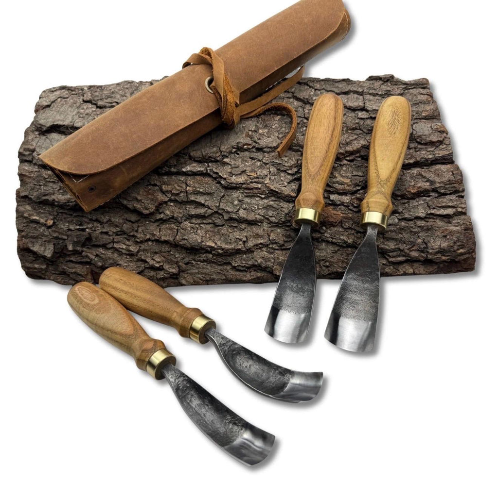 Hand Forged Spoon Carving Gouge Set: Woodworking Chisels with Leather Roll