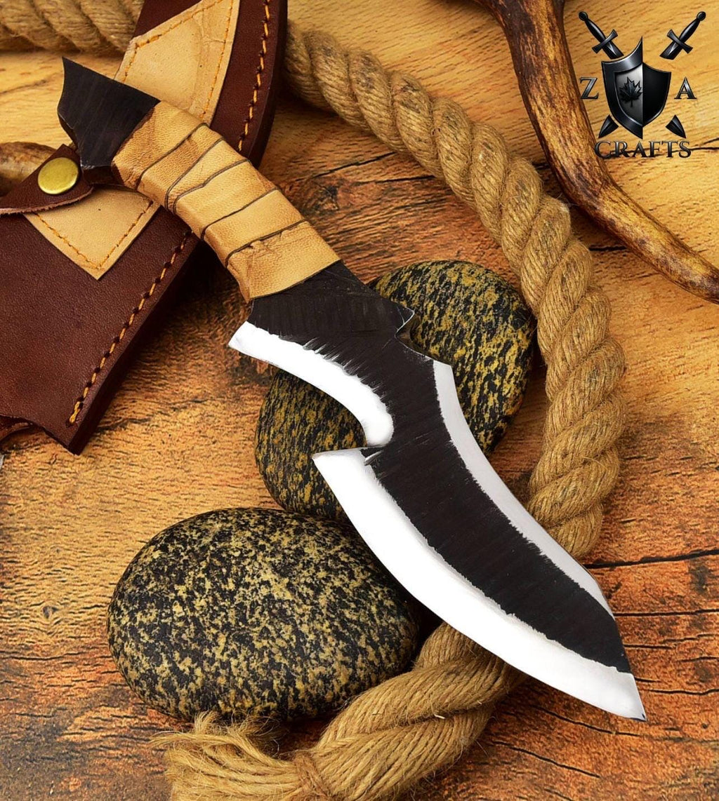 Hand-Forged Carbon Steel Bowie Knife: Brown Zigzag Handle, Leather Sheath