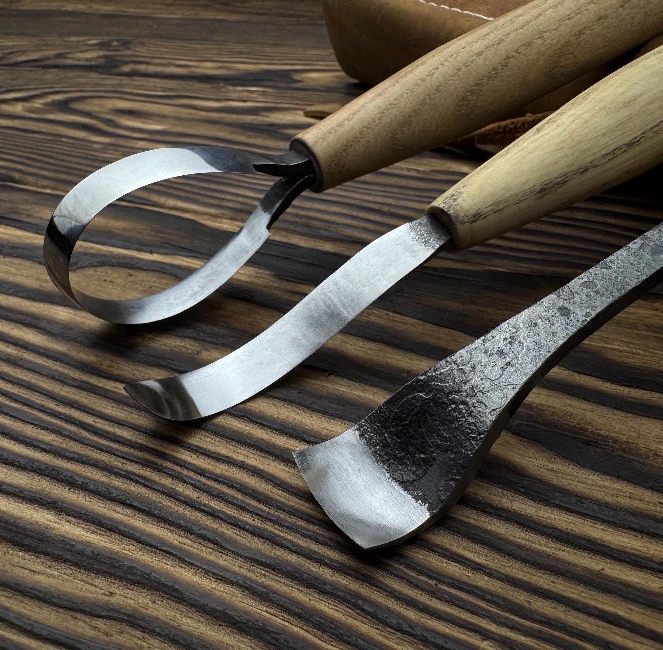 Hand-Forged Spoon Carving Set – 3-Piece Carbon Steel Tools with Ash Handles & Leather Roll
