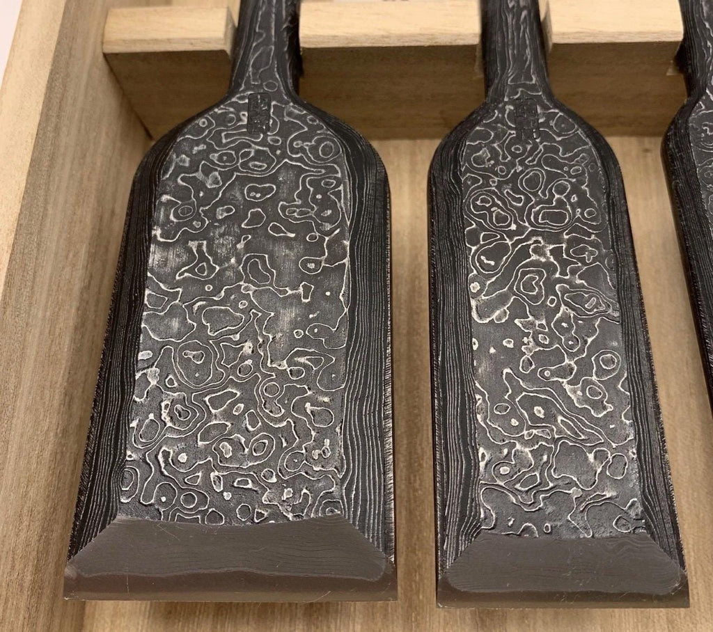 Tasai Mokume Damascus Paring Chisel Set 2” To 1/2” - Japanese Chisels - Unused