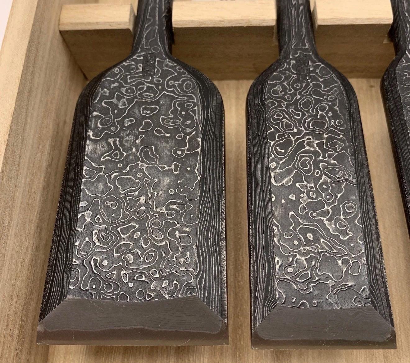 Tasai Mokume Damascus Paring Chisel Set 2” To 1/2” - Japanese Chisels - Unused