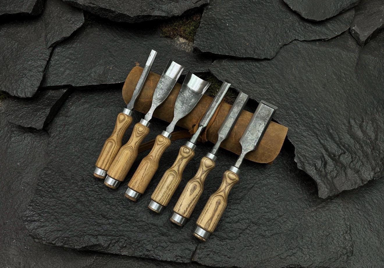 Hand-Forged 52100 Steel Chisel Set | Wood Carving Gouges & Leather Roll