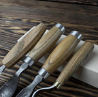 Hand-Forged Spoon Carving Set 4 Piece Carbon Steel Tools with Ash Handles & Leather Roll