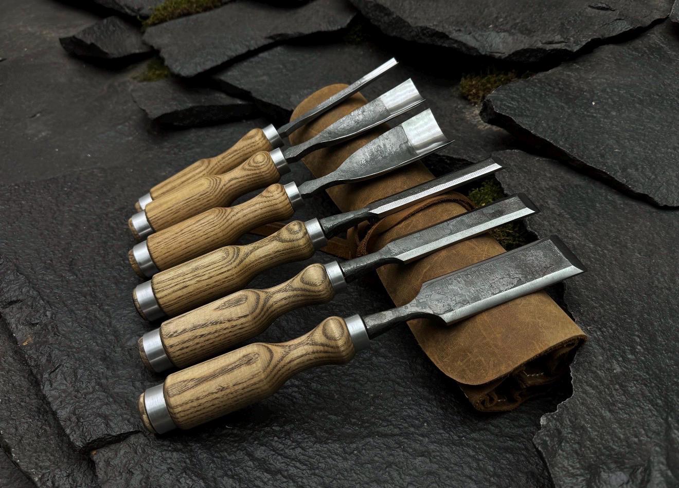 Hand-Forged 52100 Steel Chisel Set | Wood Carving Gouges & Leather Roll