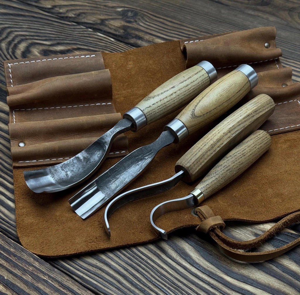 Hand-Forged Spoon Carving Set 4 Piece Carbon Steel Tools with Ash Handles & Leather Roll