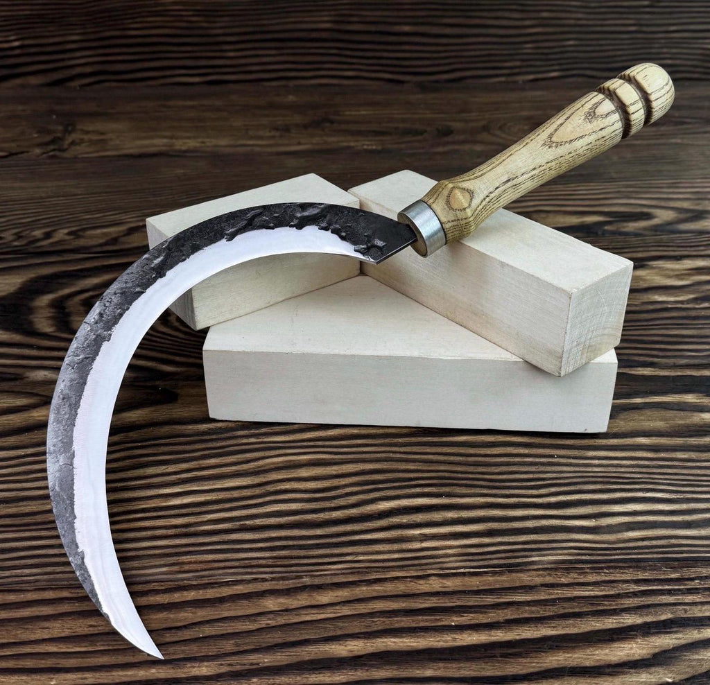 Hand-Forged Carbon Steel Sickle | Rustic Harvesting Knife with Leather Sheath