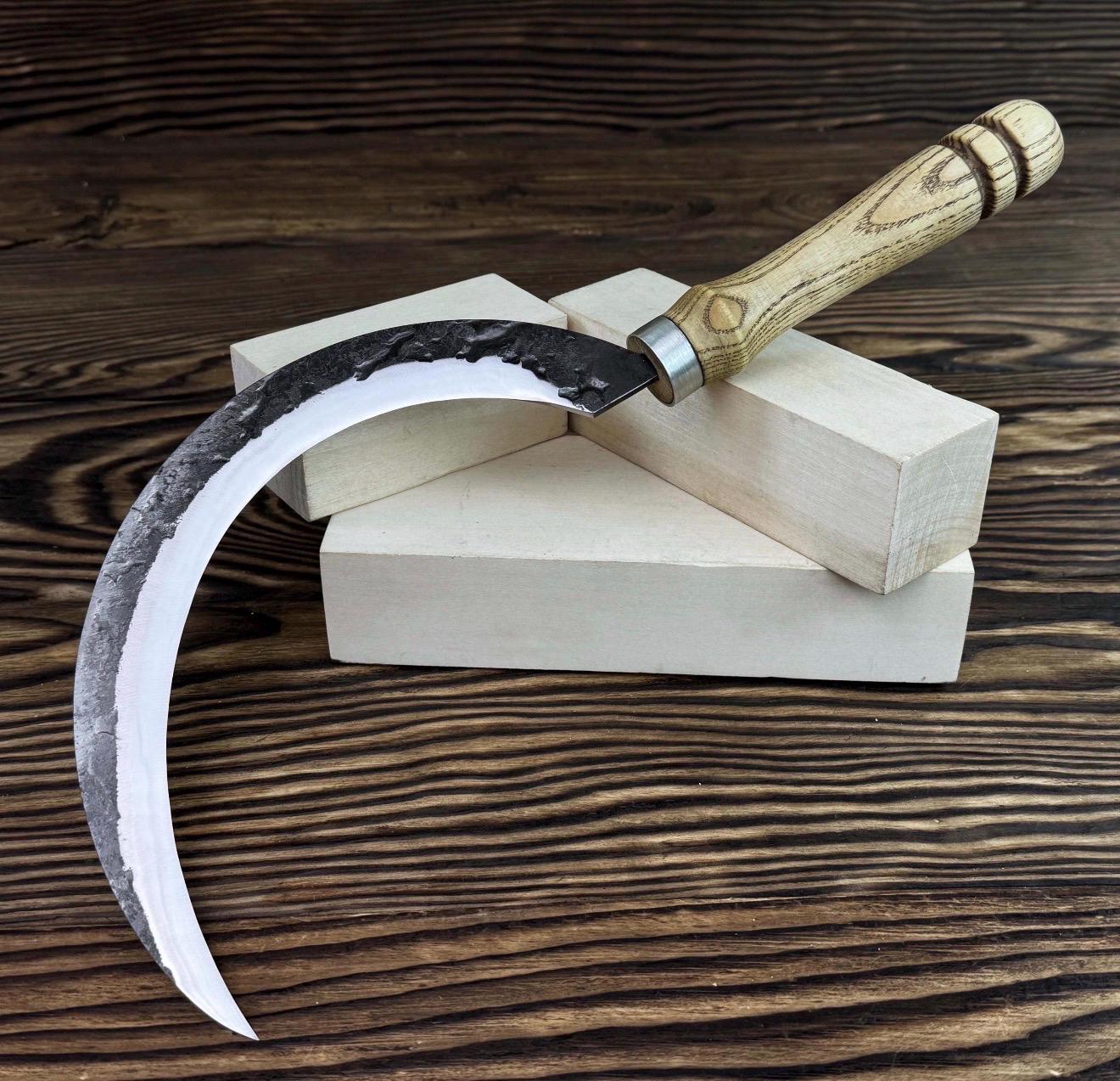 Hand-Forged Carbon Steel Sickle | Rustic Harvesting Knife with Leather Sheath