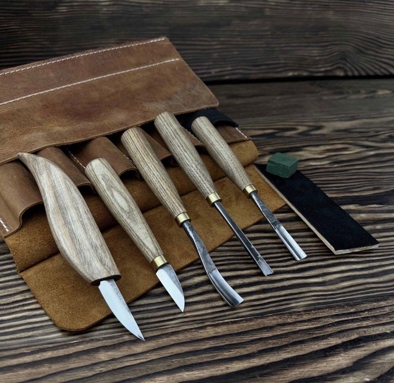 Wood Carving Tools Set with Leather Roll – 5 pcs Handmade Knives & Chisels