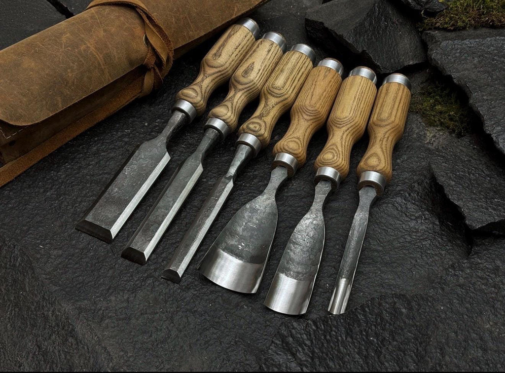 Hand-Forged 52100 Steel Chisel Set | Wood Carving Gouges & Leather Roll
