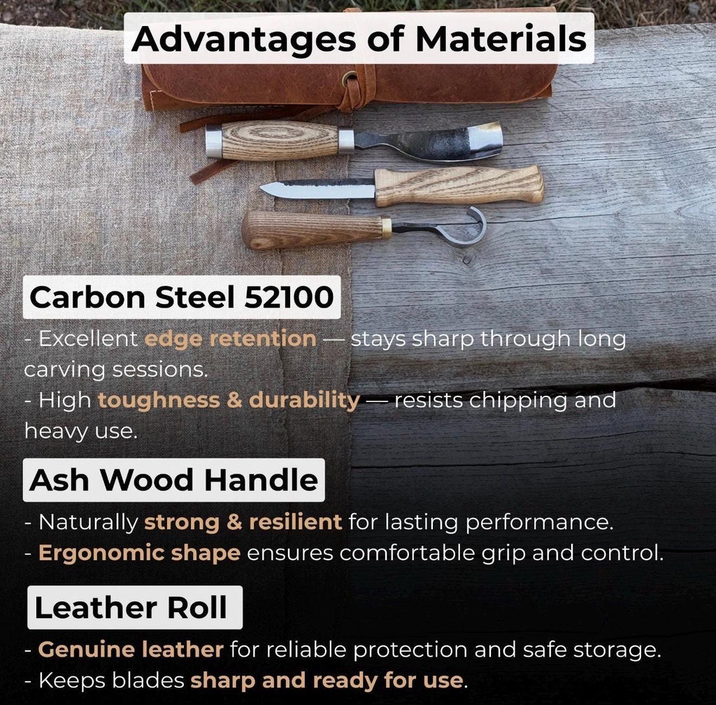 Hand-Forged Spoon Carving Knife Set: Carbon Steel, Ash Handles, Leather Sheath