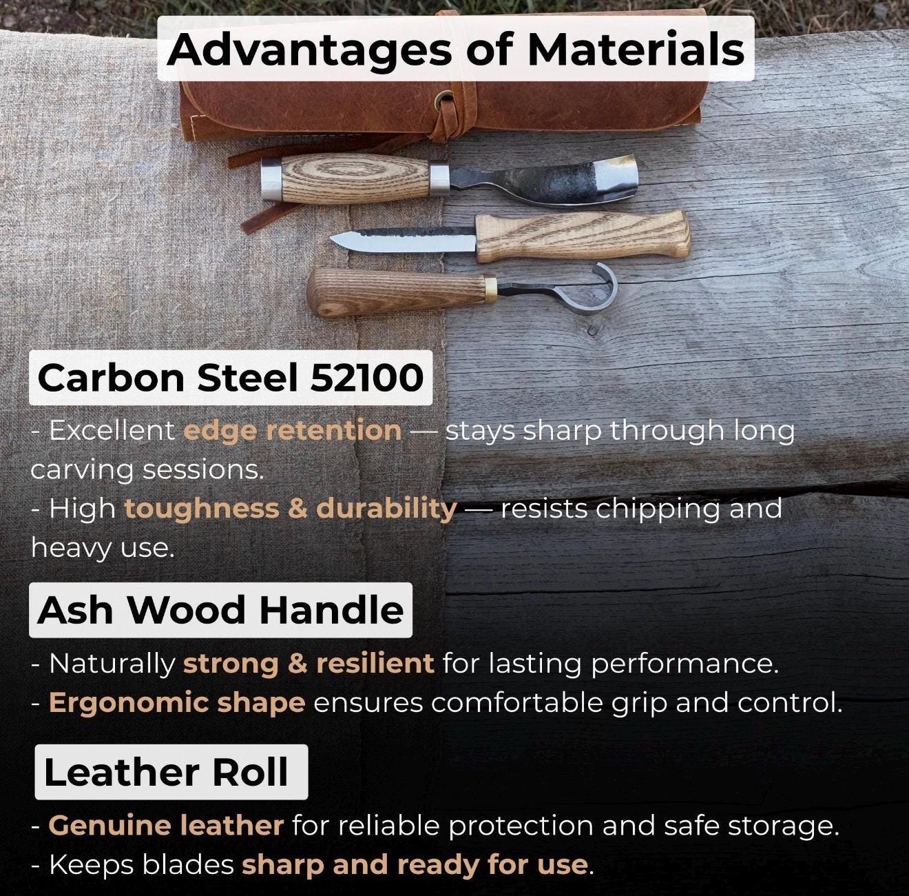 Hand-Forged Spoon Carving Knife Set: Carbon Steel, Ash Handles, Leather Sheath