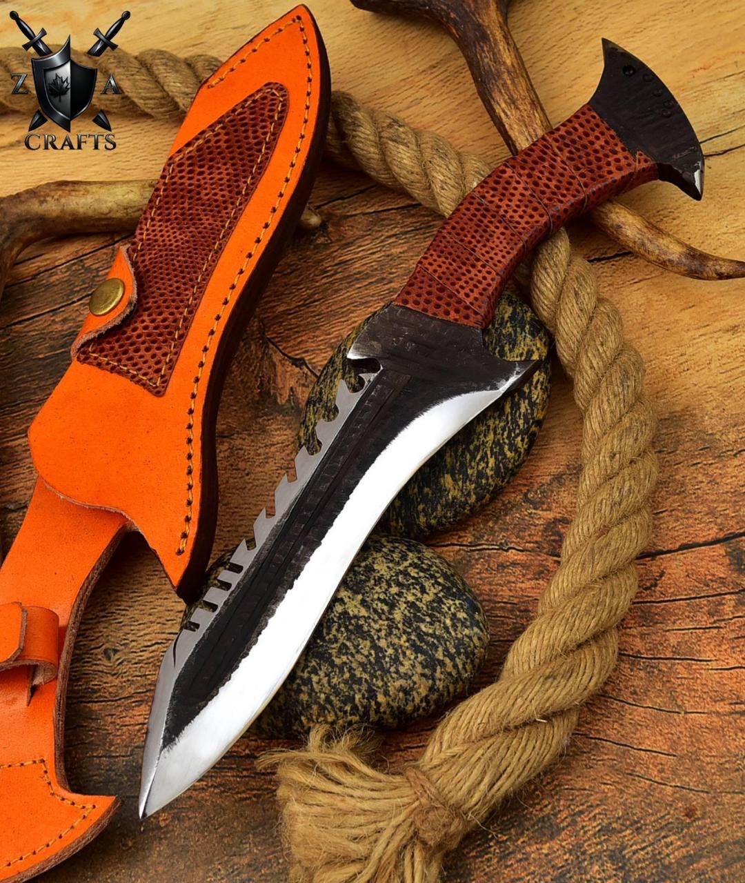 Hand-Forged Carbon Steel Bowie Knife: Custom Hunting Blade & Leather Sheath